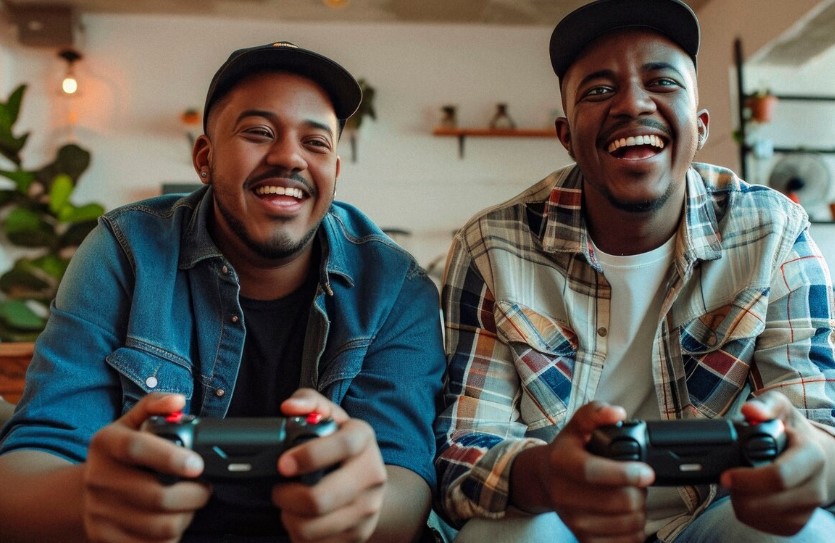 happy man playing video games, roblox