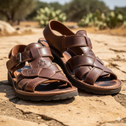 A pair of authentic Israeli leather sandals are placed on a sun-drenched, rustic stone path, with hints of a dry, warm landscape in the background.