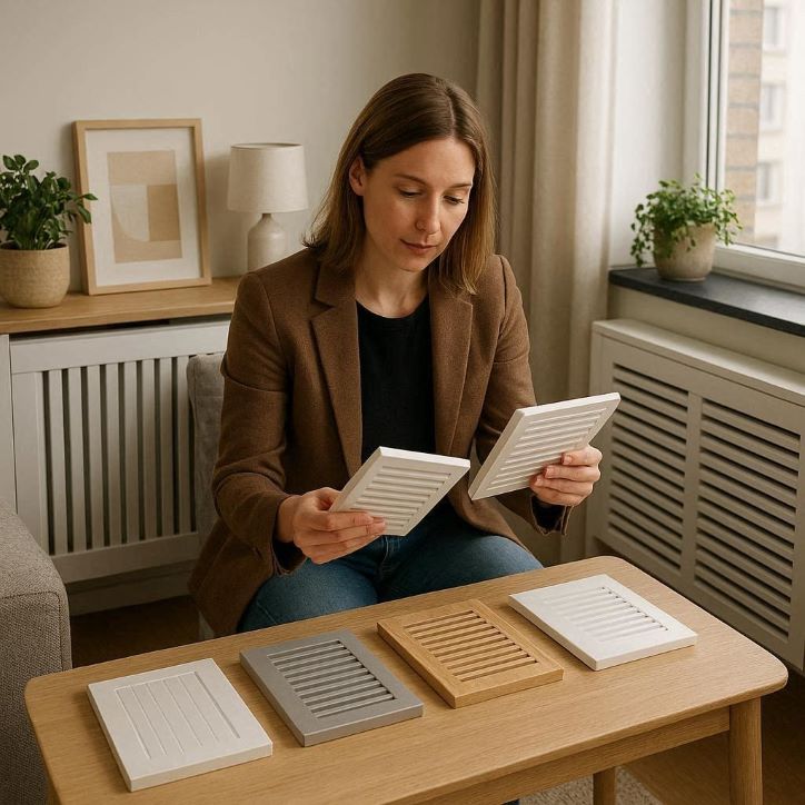 interior designer reviewing radiator cover samples