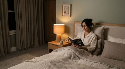 A peaceful nighttime bedroom with a person reading a physical book beside a warm bedside lamp, soft neutral bedding, minimal decor, curtains closed, relaxing atmosphere